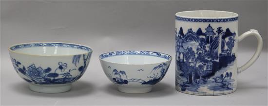 An 18th century blue and white bowl, a mug and a Liverpool bowl